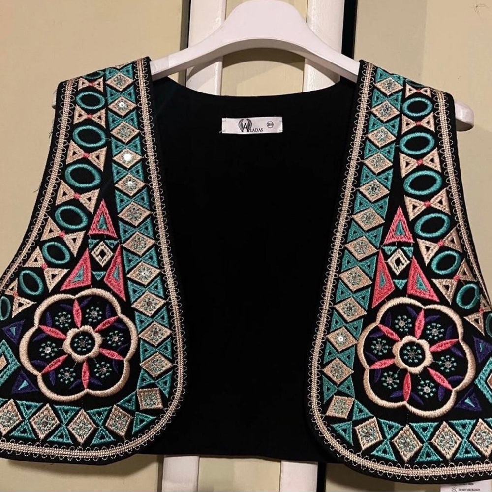 Embroidered Black Vest with Colorful Patterns